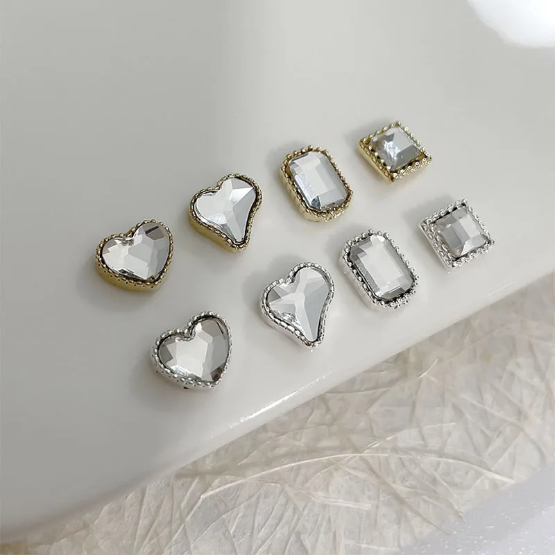 10Pcs Simple Design Nail Diamond Jewelry Alloy Heart/Square/Rhombus Multi-Shapes Gold/Silver Nail Art Metal Glass Manicure Tips