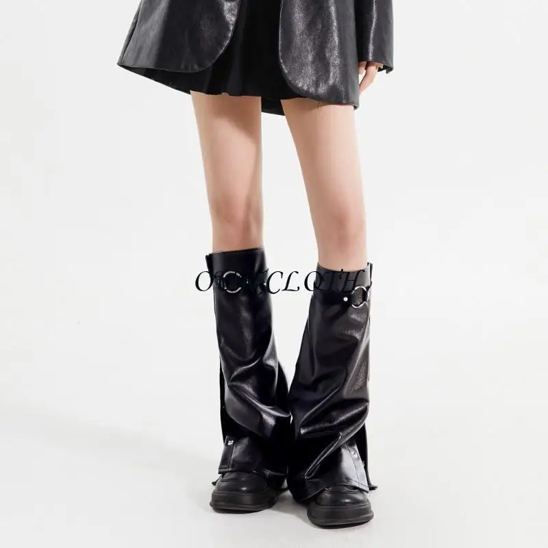 Buckle Leather Leg Gaiters Harajuku Side Buttons Flared Wide Leg Warmer Y1AC