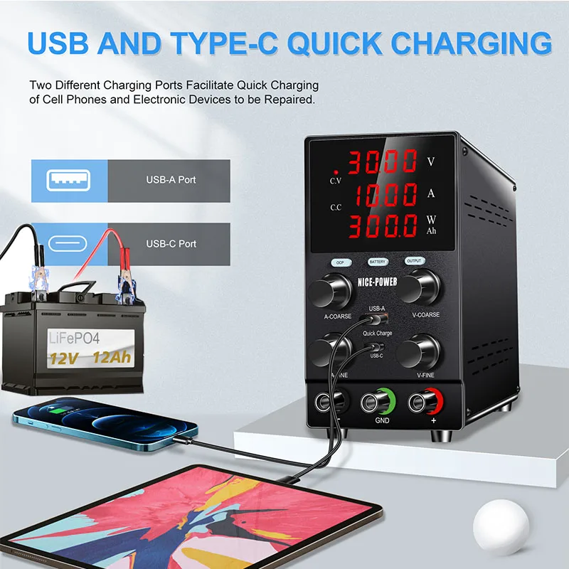 

NEW DC Laboratory Power Supply Lab 30V 10A 60V 5A Bench Adjustable Power Source OCP USB Type-C Quick Charge Optional 120V 3A