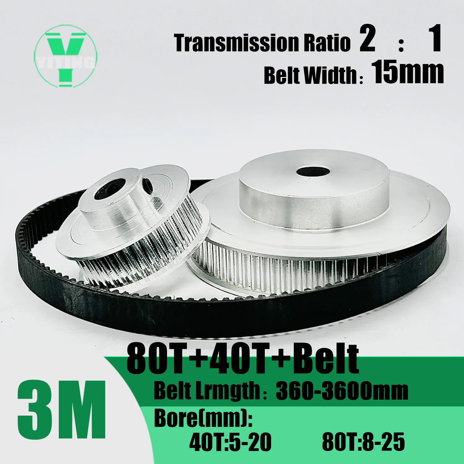HTD3M 40T 80Teeth Timing Pulley Belt Set Belt Width 15mm Bore 5~25mm Reduction 2:1 Deceleration 3M Pulley Kit Synchronous Wheel