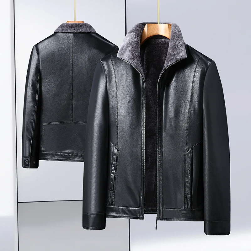 

2024 Plus Fat Plus Size Men's Leather Coat Winter Middle-aged Fat Man Fur One with Fleece Thick Lapel Warm Leather Coat