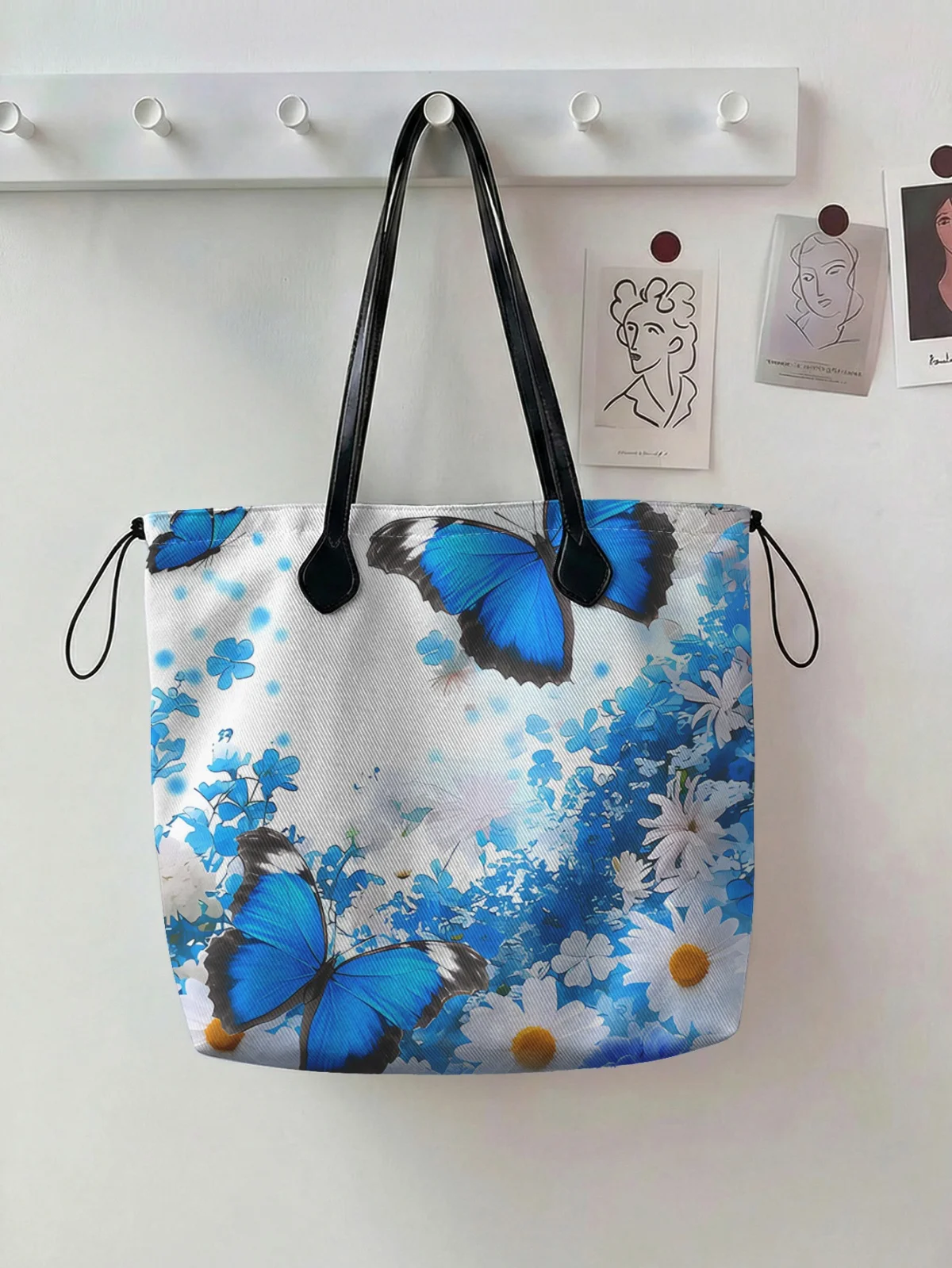 

Butterfly printed handbag for women, large capacity leather handle shopping bag, casual shoulder bag
