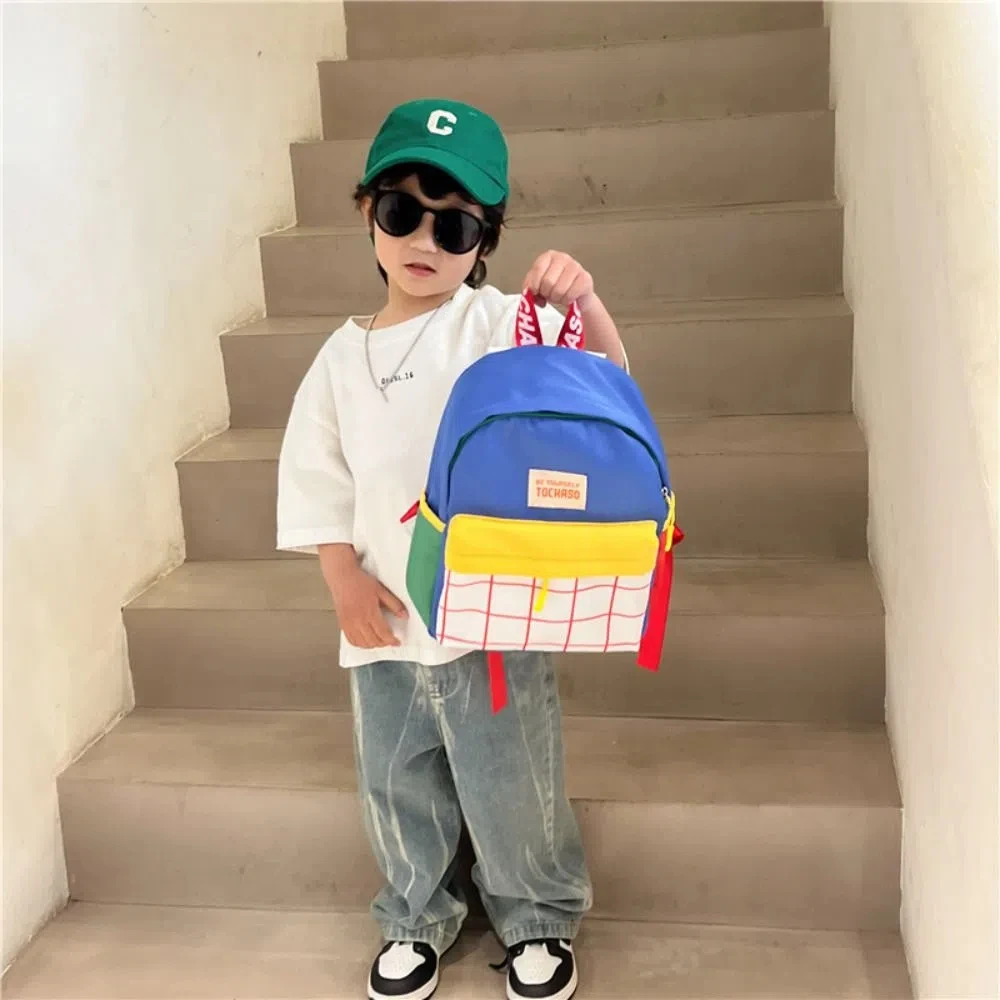 Creative Book Bag Contrast Color Plaid Backpack Korean Style Large Capacity Children School Bag Nylon Cute Shoulder Bag Children