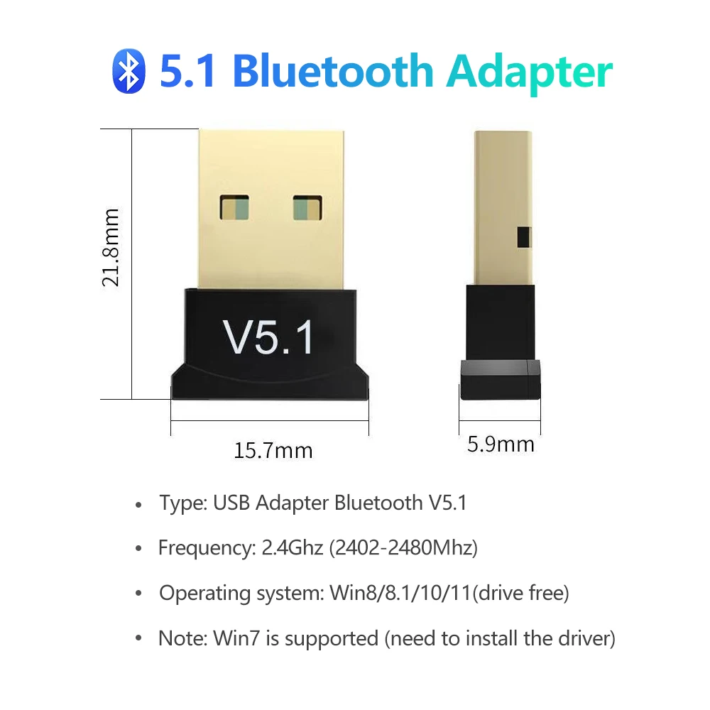 DBIT 5.1 Bluetooth Adapter USB Bluetooth Receiver Win8/8.1/10/11 Driver-Free Support Multiple Devices Simultaneous Connection