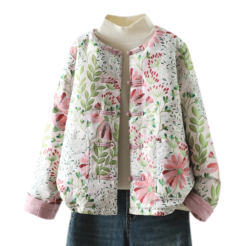 Thiened Cotton Jaet Cappotto lungo da donna stampato Sle retrò con colletto alla coreana Chiusura con cerniera Capispalla vintage caldo