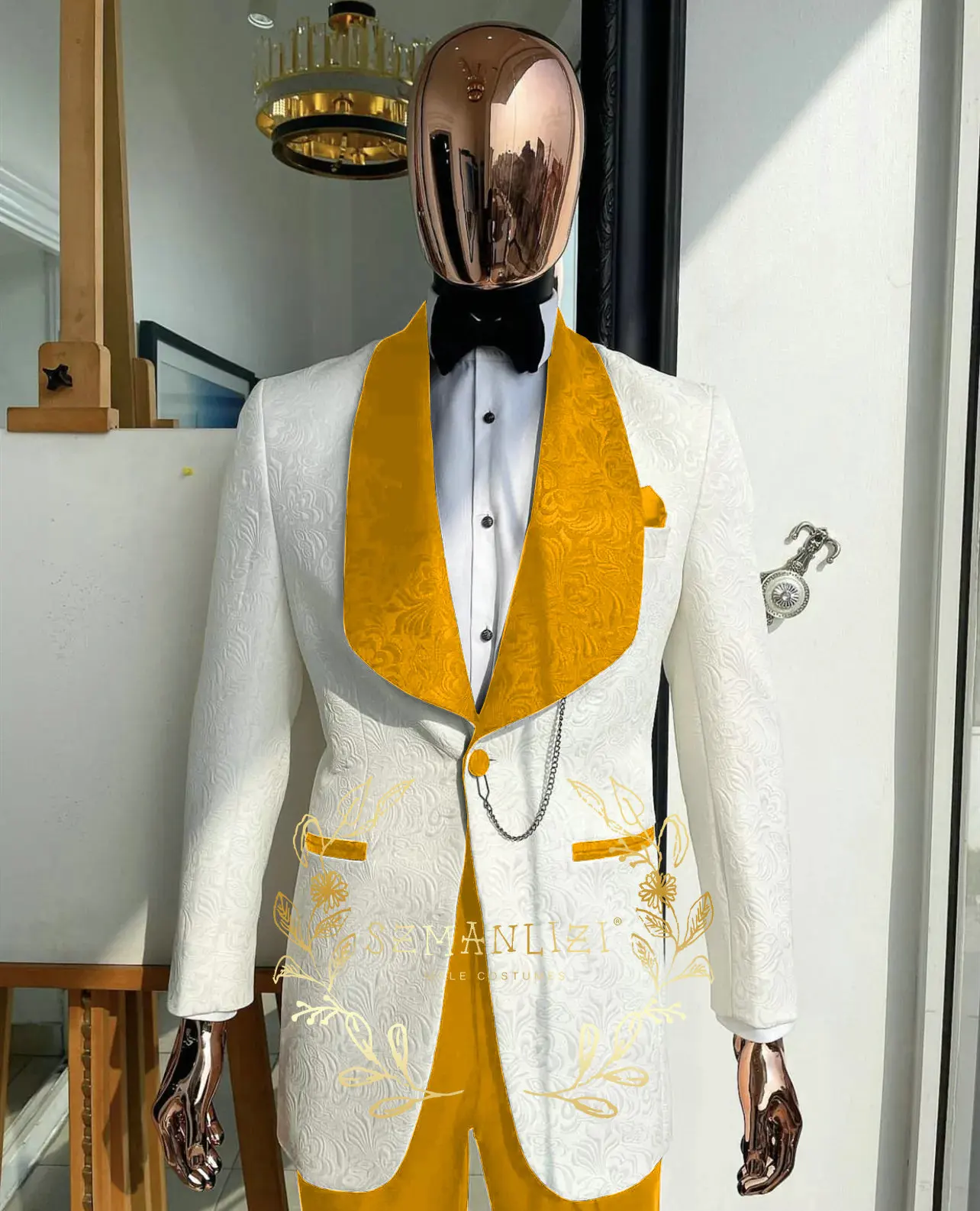 Męski garnitur ślubny slim fit z białą kurtką w kwiaty, smoking, granatowy garnitur na przyjęcie weselne z paisley'owym kołnierzem, strój dla pana młodego, garnitur dla drużby, marynarka Homme.