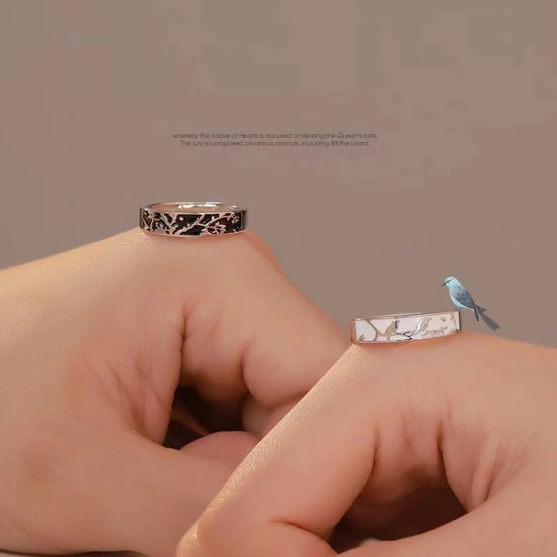 Buyee 925 Sterling Silver Couples Ring Sets Delicate Bird & Plum Blossom Patterns Ring for Woman Man Fashion Jewelry Circle