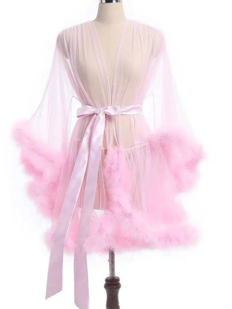 Sexy Transparent Mesh Outer Robe Bathrobe Nightgown See through Home Clothes Fur Splicing Sleeve mid Length Coat for Women view 4