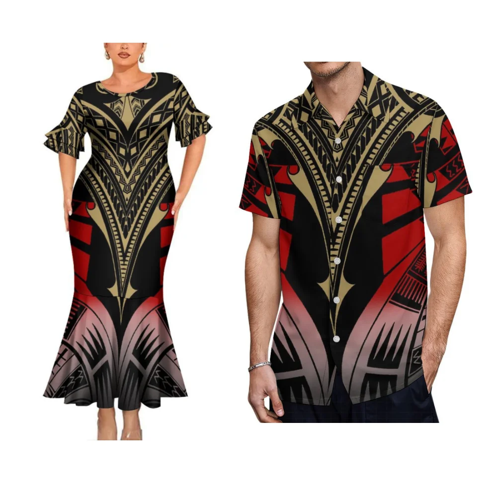 

Island-Style Couple Set Women'S Petal-Sleeve Tight Fishtail Dress Evening Dress Polynesian Men'S Aloha Pocket Shirt