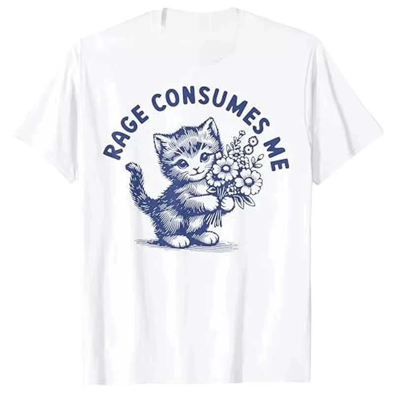 Rage Consumes Me Cute Kitty Cat Flower Funny Meme Graphic Tee Unisex Crew Neck Short Sleeve Trendy Casual Animal Streetwear Tops