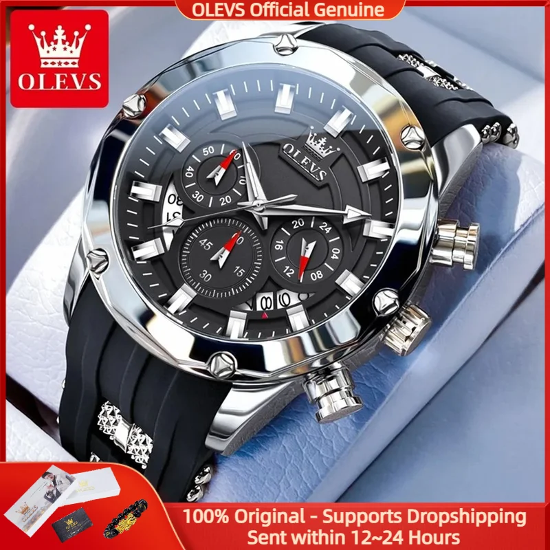 OLEVS New Fashion Quartz Watch for Men Silicone Tape Date Chronograph Multifunction Sports Men's Quartz Watch 2024 Trend