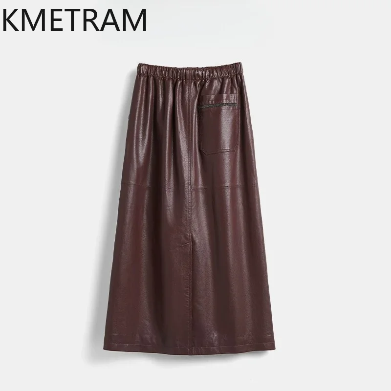 KMETRAM Ultra-thin Vegetable Tanned Sheepskin Genuine Leather Skirt Pencil Skirts for Woman Elegant Slim Midi Skirt Юбка Женская