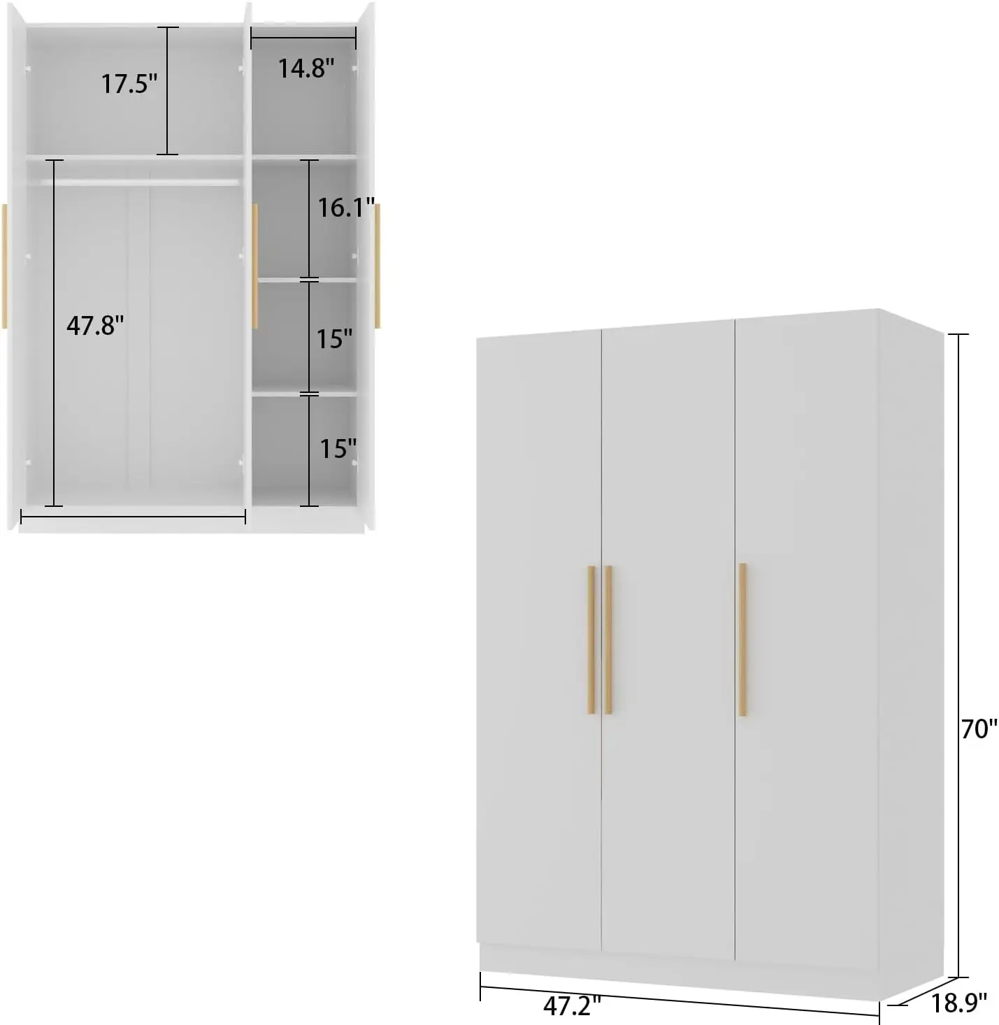 3 Doors Wardrobe Armoire Closet, Large Freestanding Armoire Wardrobe Cabinet with Shelves & 2 Hanging Rod, Bedroom Wood C