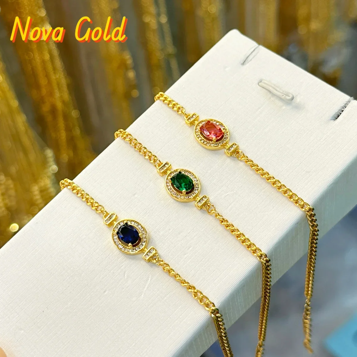 

NovaGlod 9999 24K real gold micro-set diamond cuban thin bracelet red and green sapphire Cuban fashion women's bracelet