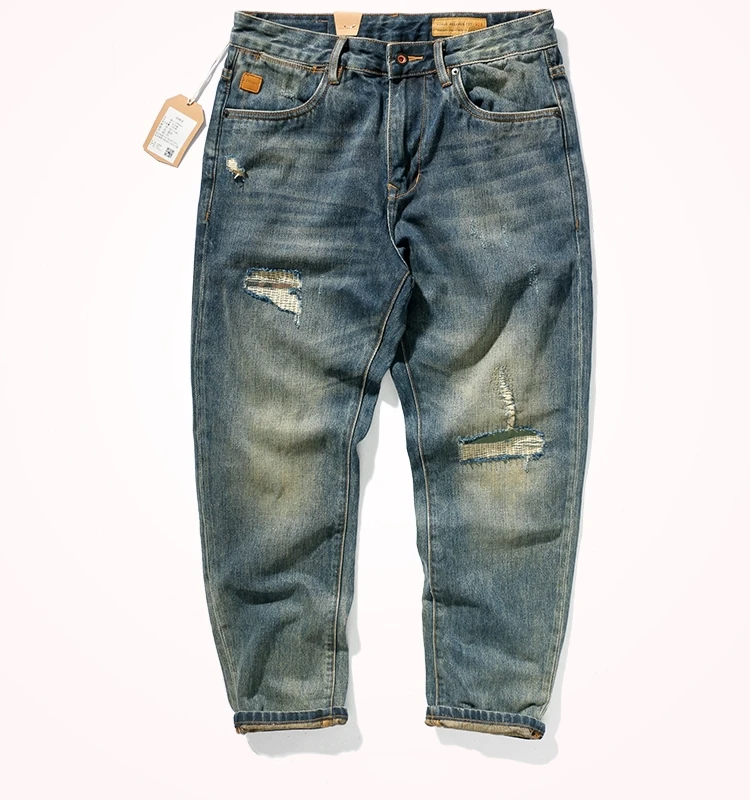 Trendy Men's Jeans Patched Vintage Hole Loose Straight Leg Long Trousers Casual Style mid Waist Zipper Fly Youth Fashion