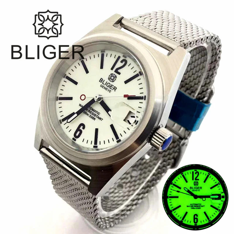 BLIGER Classic Mechanical Wristwatches 39mm Men Watch NH35 Movement Mesh Band Brushed Fixed Bezel White Dial Green Luminous Date