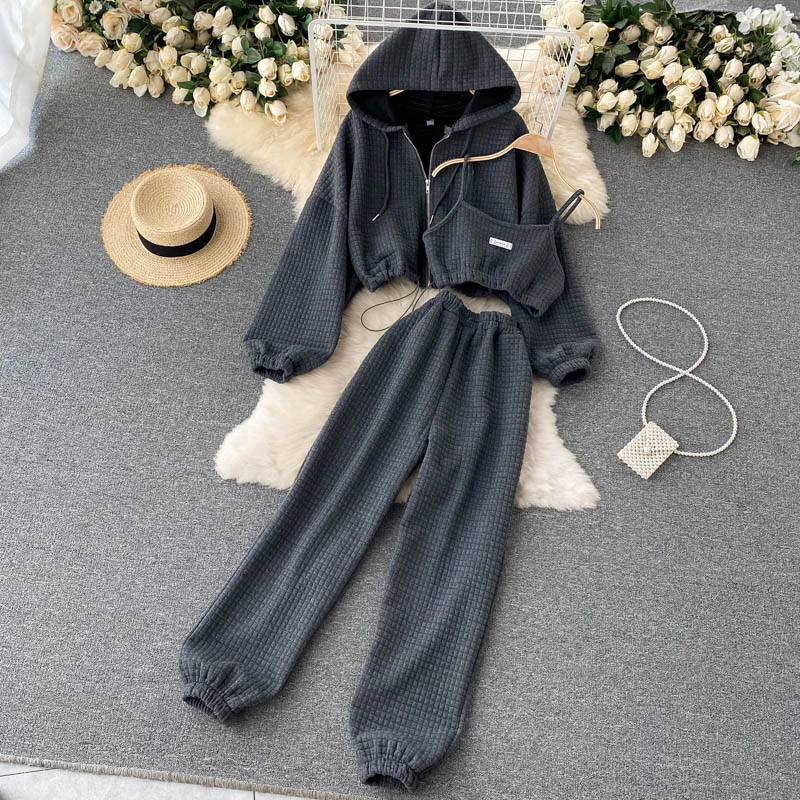 Casual Sport Pant Sets Women Short Strap Tank Top Hooded Zipper Long Sleeve Coat Loose Leggings Pant 3Pcs Set Women's Clothing