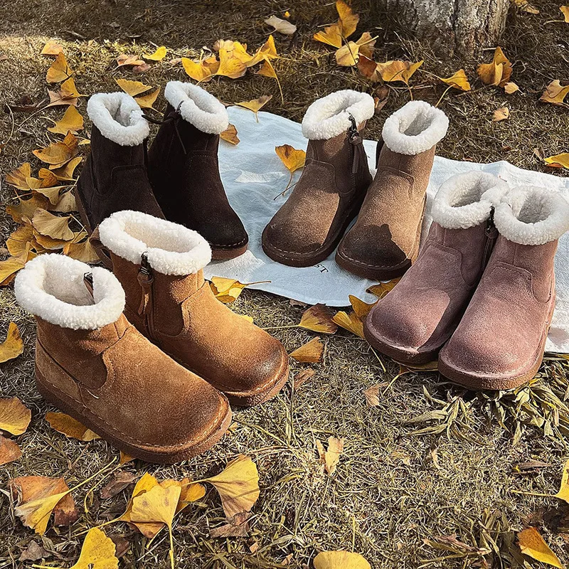 Children Shoes for Girls Winter Korean Style Retro Boots for Kids Lamb Wool Fleece Warm New Fashionable Warm Casual Kids Boots