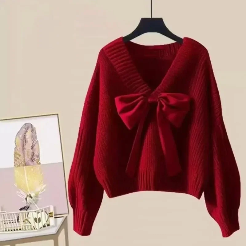 

Bow Knitwear Sweater Pullover for Women Patchwork Red Christmas V-neck Sleeve Pullover Female Knit Elegant Pullove ZT299