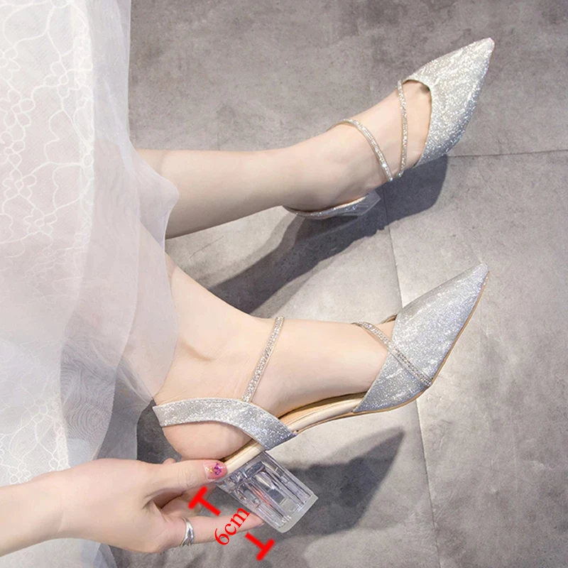 Bling High Heels Pumps Woman Elegant Crystal Strap Square Heels Wedding Shoes Women Shining Pointed Toe Clear Heel Sandals 32-42