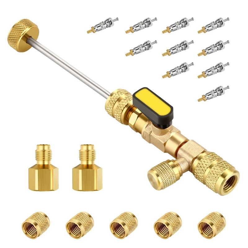 HVAC Valve Core Removal Tool, Valve Core Remover With Valve Cores, Nuts And R410 R32 Adapters, For R410 R32 R22 R12 Accessories