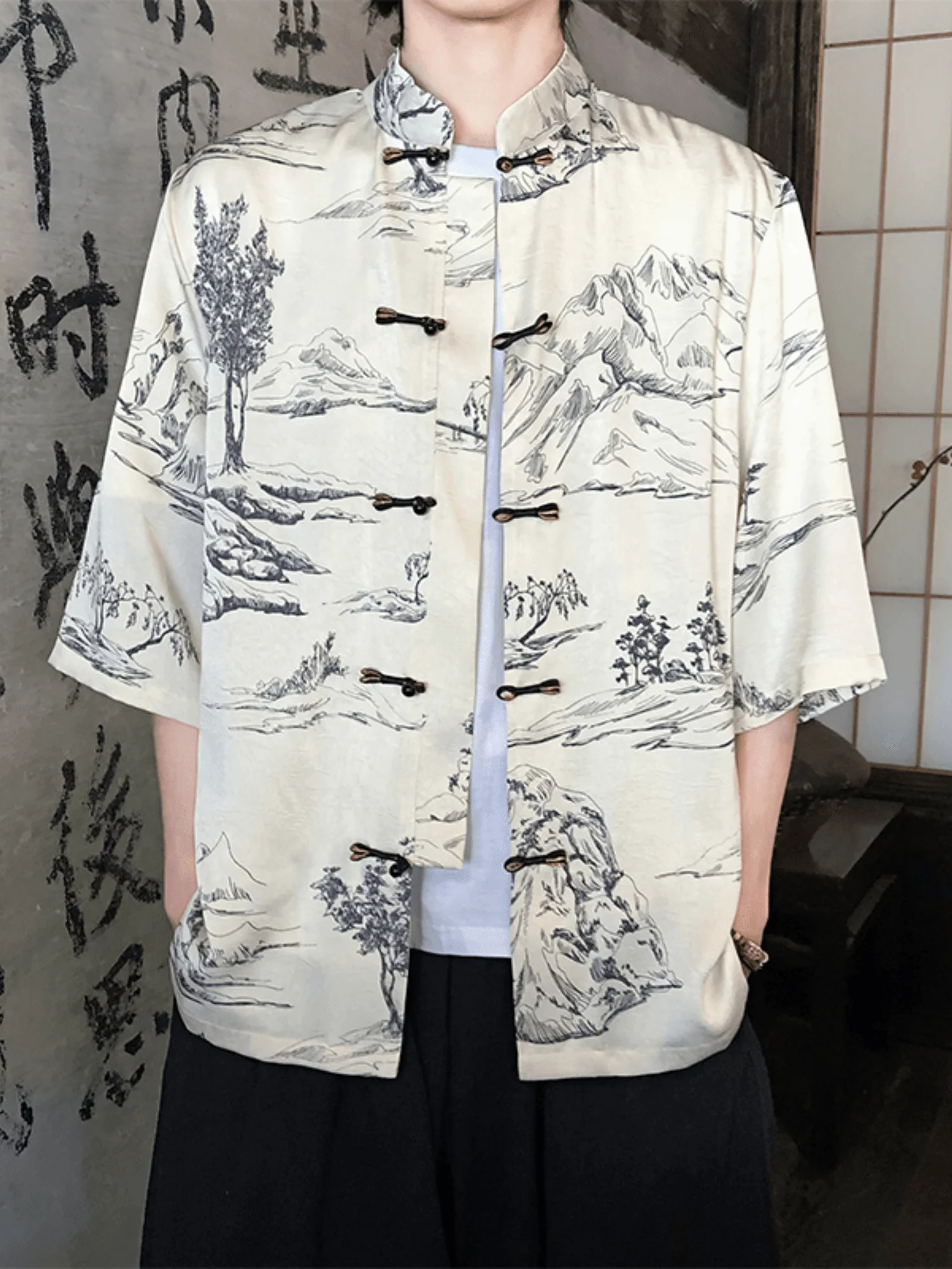 

Loose Short Sleeve Men's Shirt Thin Summer Casual Style Seven-Quarter Sleeve Tea Service Top Fashionable Youth Polyester Fiber