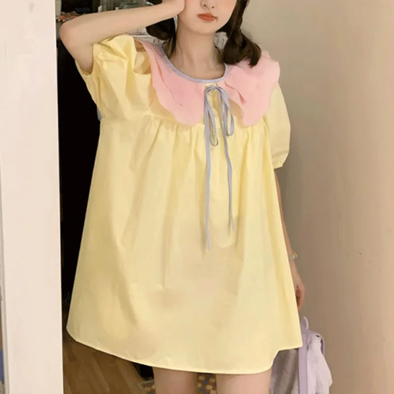 

2024 Summer New Women Sweet A-Line Patchwork Color Peter Pan Collar Lacing Casual Puff Sleeve Fashion Loose Pleated Midi Dress