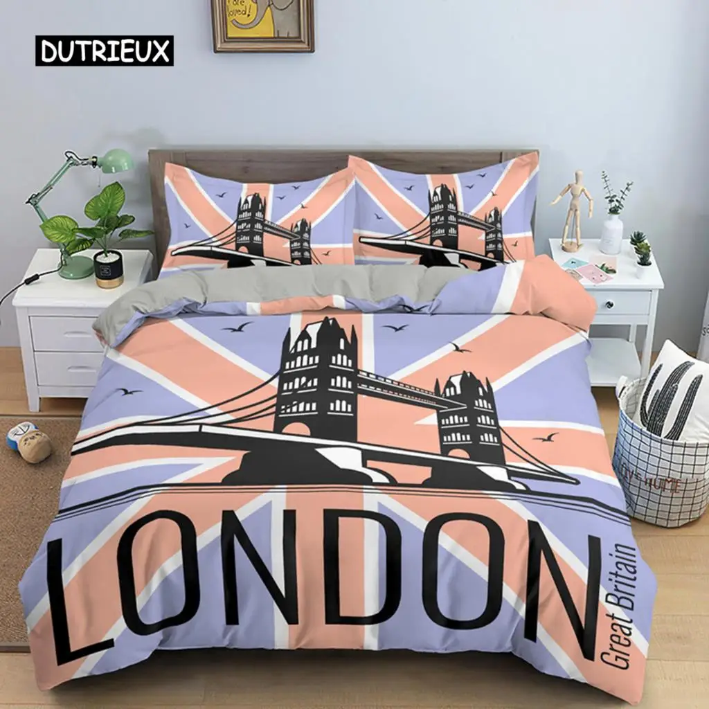 UK London Style King Queen Duvet Cover British Elements Bedding Set for Teens Adults London Bridge Big Ben Polyester Quilt Cover