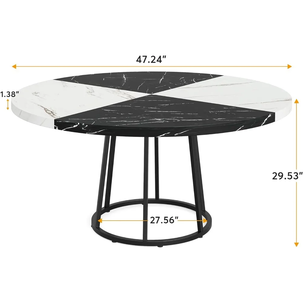 47 inch Dining Table for Dining Room, 4 People Round Dinner Tables with Faux Marble Top Heavy Duty Metal Circle Pedestal