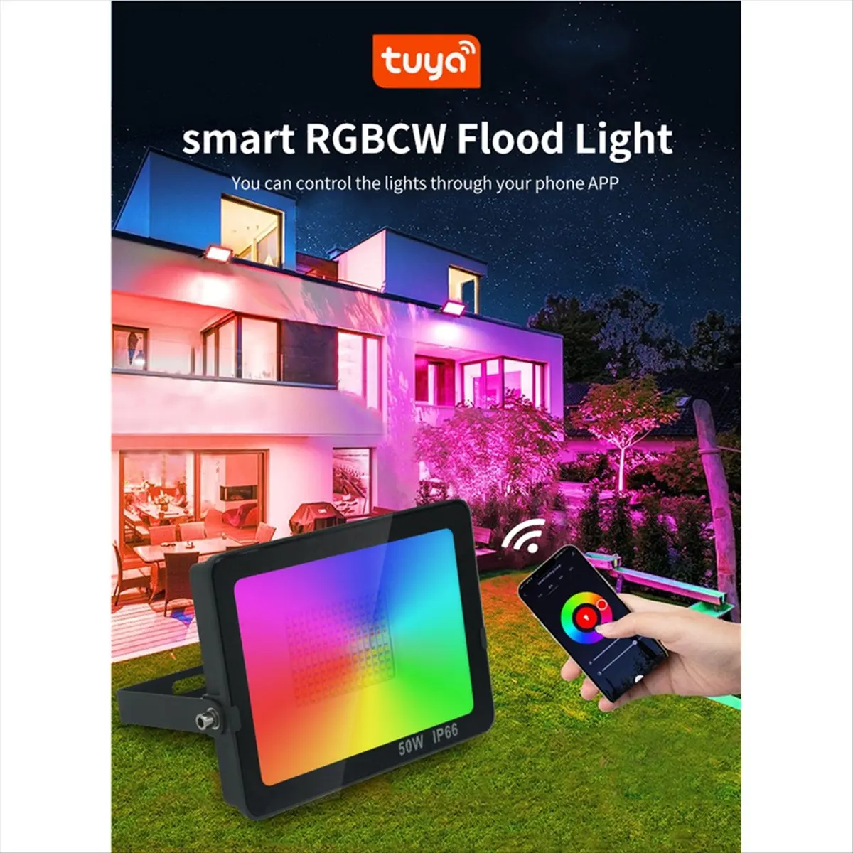 27newnew 2 Pack 50W Smart LED Flood Light RGB Color Changing Light, Bluetooth+WIFI, IP66 Waterproof Landscape Light EU Plug