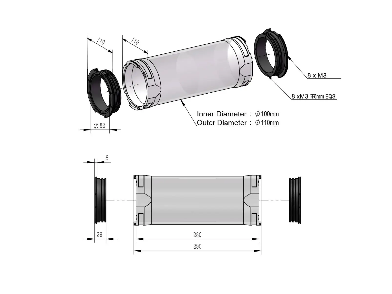 Hydrocean ROV outer diameter 110MM sealed cabin rov electronic cabin sealed cabin underwater sealed cabin underwater cabin