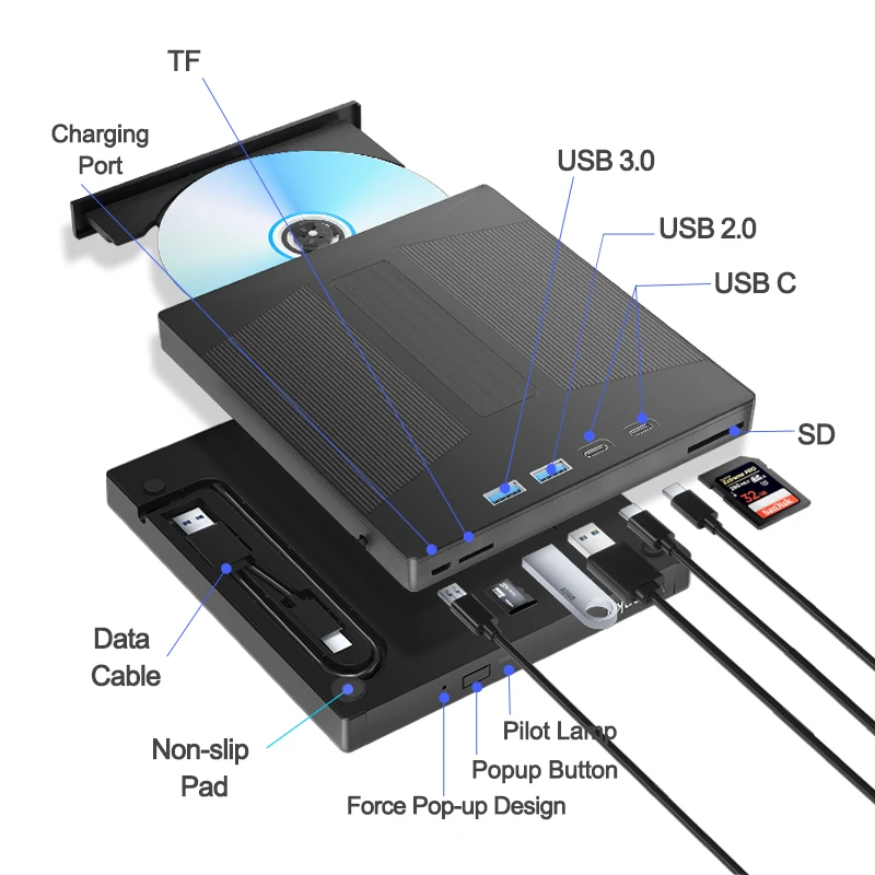 Imagem -03 - Óptica Externa de cd e Dvd 7-em Compatível para Windows Mac Usb 3.0 cd Dvd rw Player Leitor de Queimadores para pc Portátil Unidade