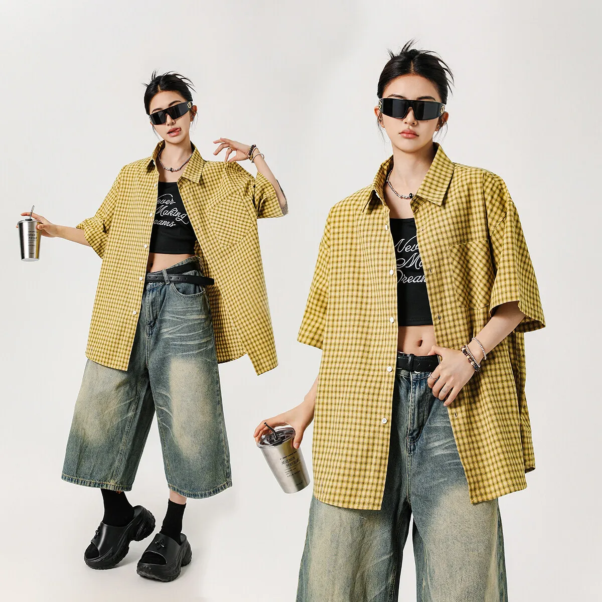 

Oversized American style Pure Cotton Yellow Checked Shirt for Man，Short Sleeve Couple Shirts Summer