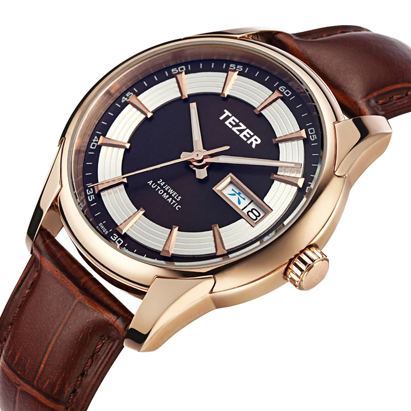 TEZER Men Automatic Watch | Brown Strap | Black Dial | Day & Date | 5ATM Waterproof Mechanical Wristwatch
