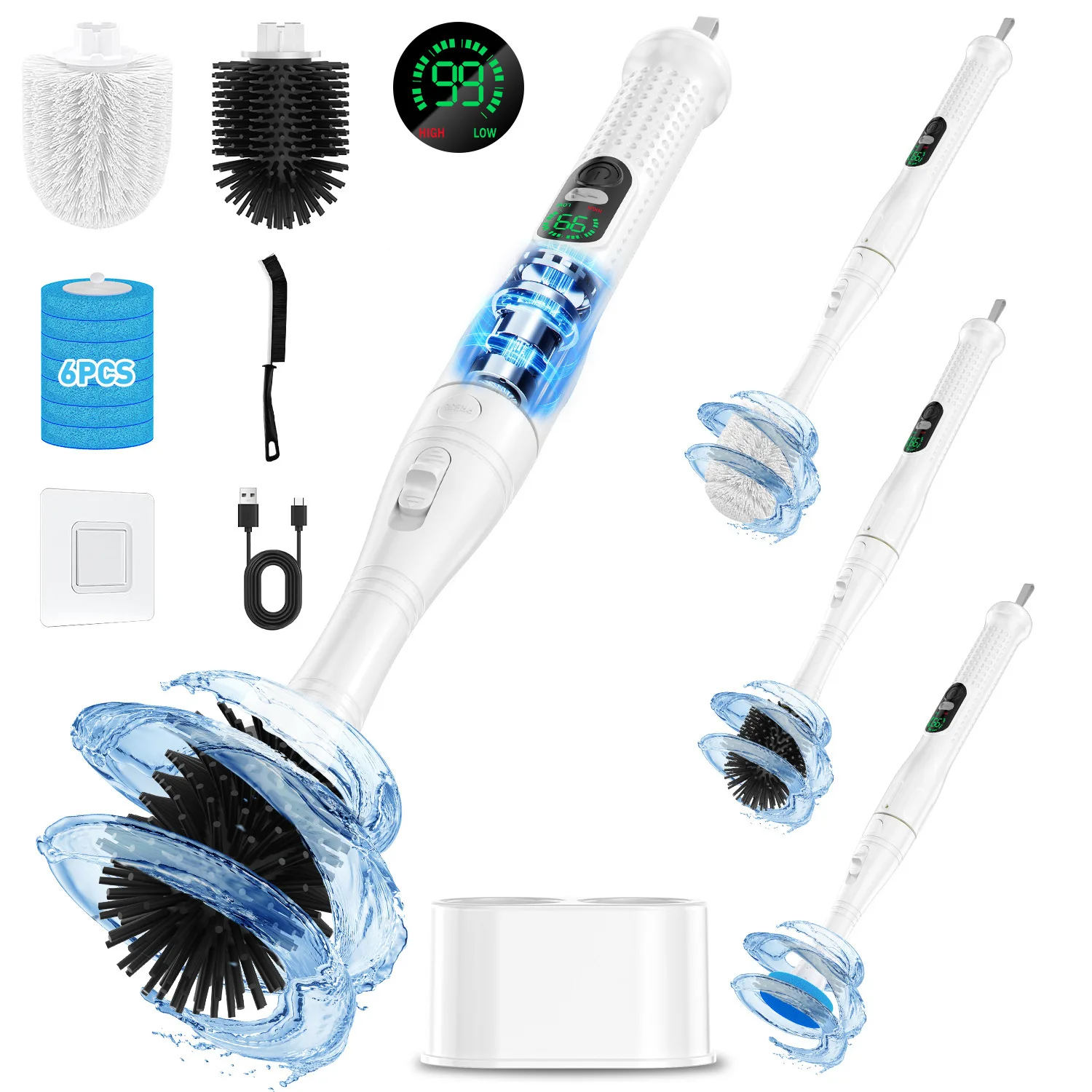 Rechargeable silicone electric toilet brush with base, no dead ends sponge brush