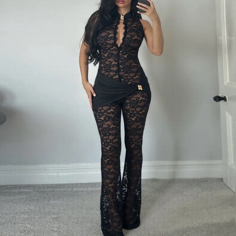 

Women's Lace Patchwork Sleeveless Jumpsuit High-Waisted Slim Fit Micro Flared Sexy 2026 New