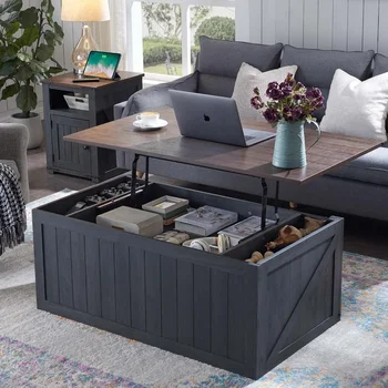 Image 48" Lift Top Coffee Table, Farmhouse Cocktai with Sliding Groove Barn Door, Rustic Wood Center Table w/Double Storage Spaces