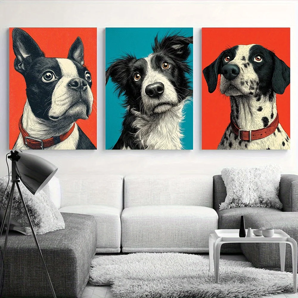 2D Flat, 2D Plane 3pcs Frameless Canvas Wall Art - Modern Dog Paintings with Boston Terrier, Border Collie & Dalmatian, Vibrant