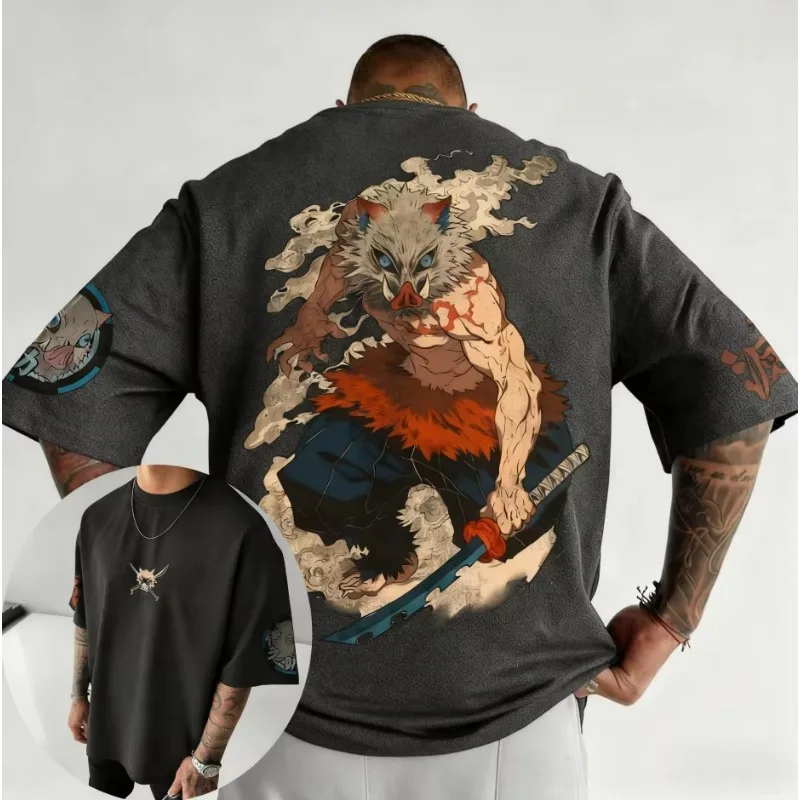 2026 New Demon Slayer Anime Inosuke Printed Short Sleeve T-shirt Men's and Women's T-shirt Men's Top Sports T-shirt Harajuku Tee