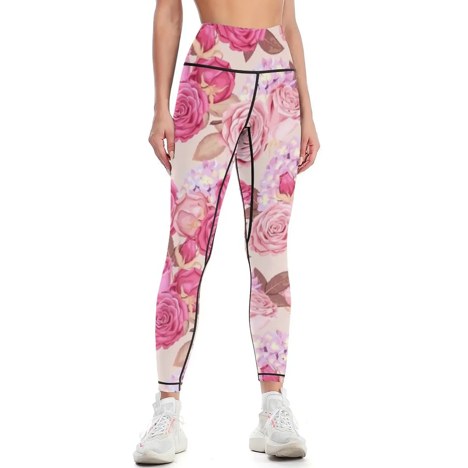 

Pink Roses Painting & Purple Hydrangea Flowers Leggings fitness set gym for girls legings for fitness Womens Leggings