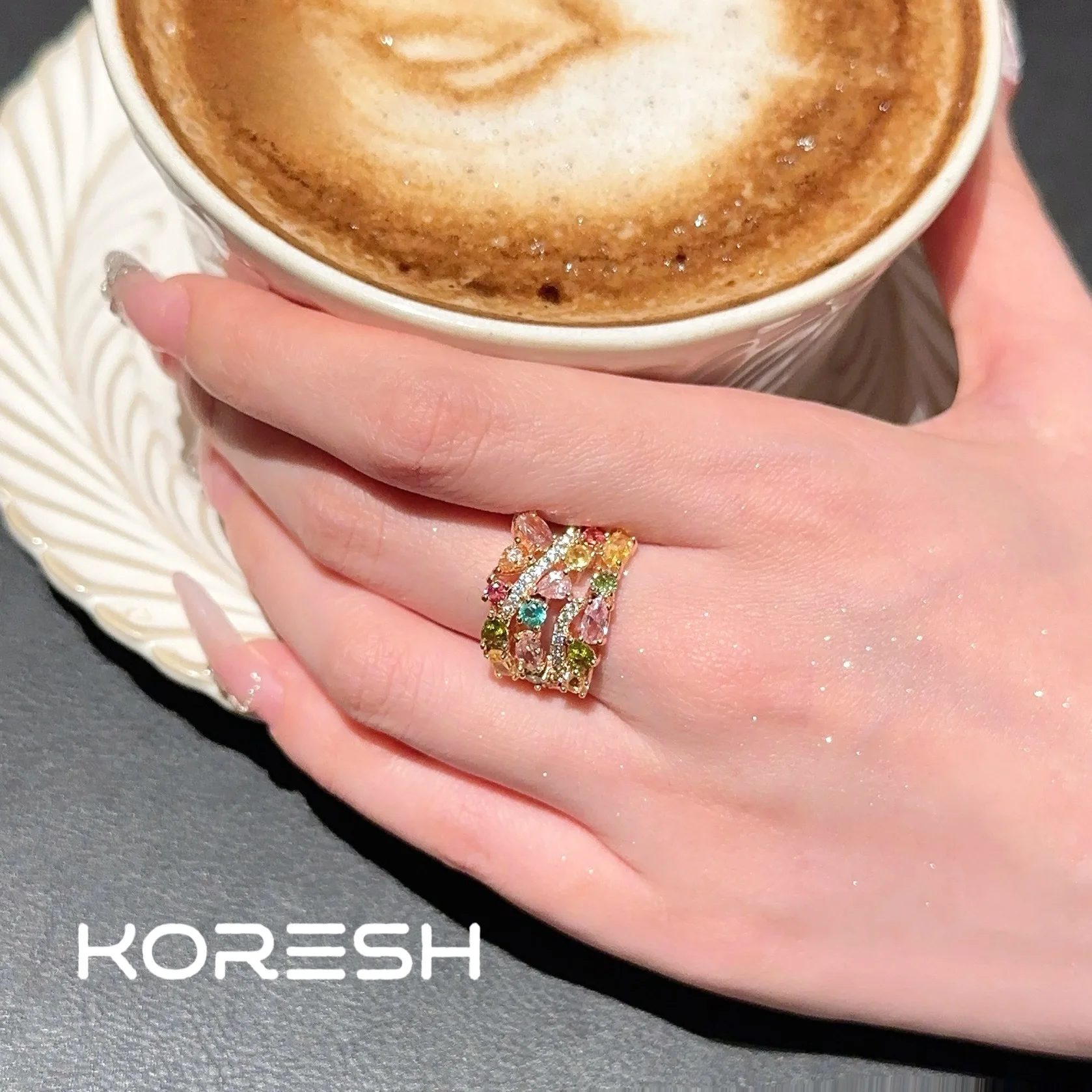 Women Austrian Rainbow Gem Bracelet Fantasy Bubble Plated 18K Gold Margaret Colored Gem Zircon Ring