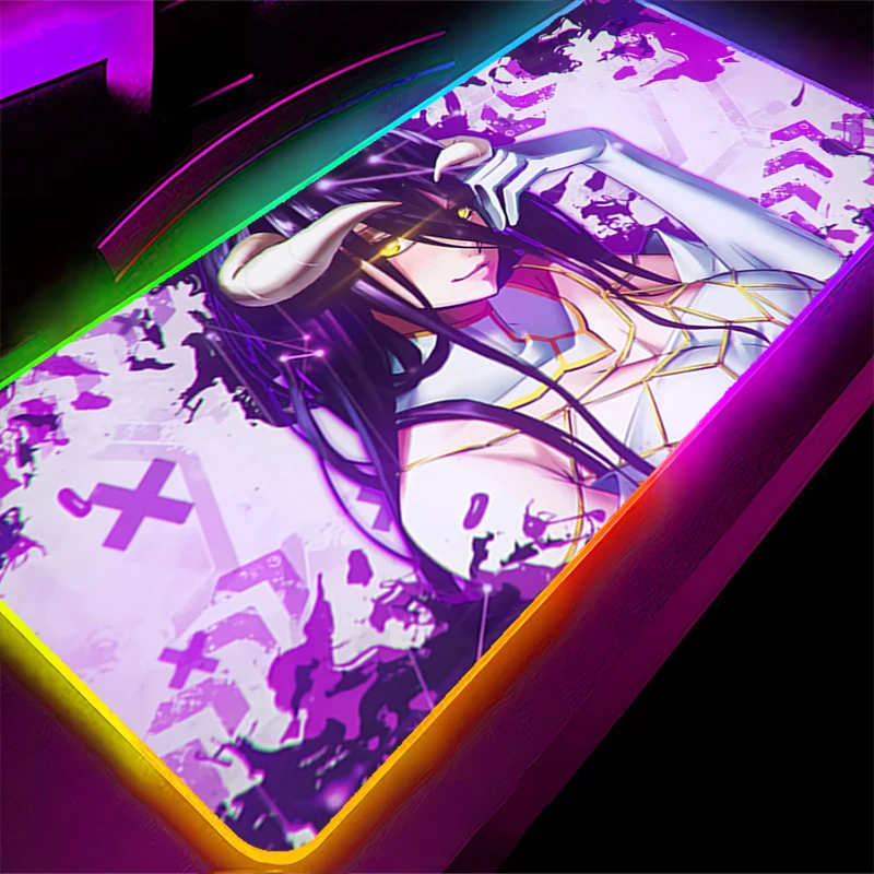 Tapis de souris LED RGB en caoutchouc HD, accessoires de jeu sur ordinateur, clavier, décoration de bureau, bureau, o-overlord Albedo