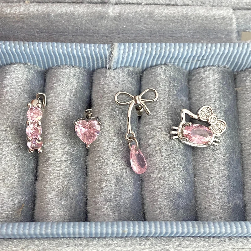 Cute Pink Zircon Cat Stainless Steel Ear Bone Nail Water Droplet Pendant Small Earrings for Women Cochlear Puncture Accessory