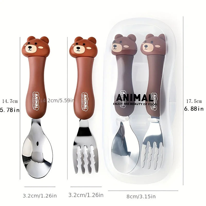 Baby Fork and Spoon Set with Storage Box,Cartoon Stainless Steel Non-Slip Cutlery Self Feeding Training Flatware Toddler Utensil