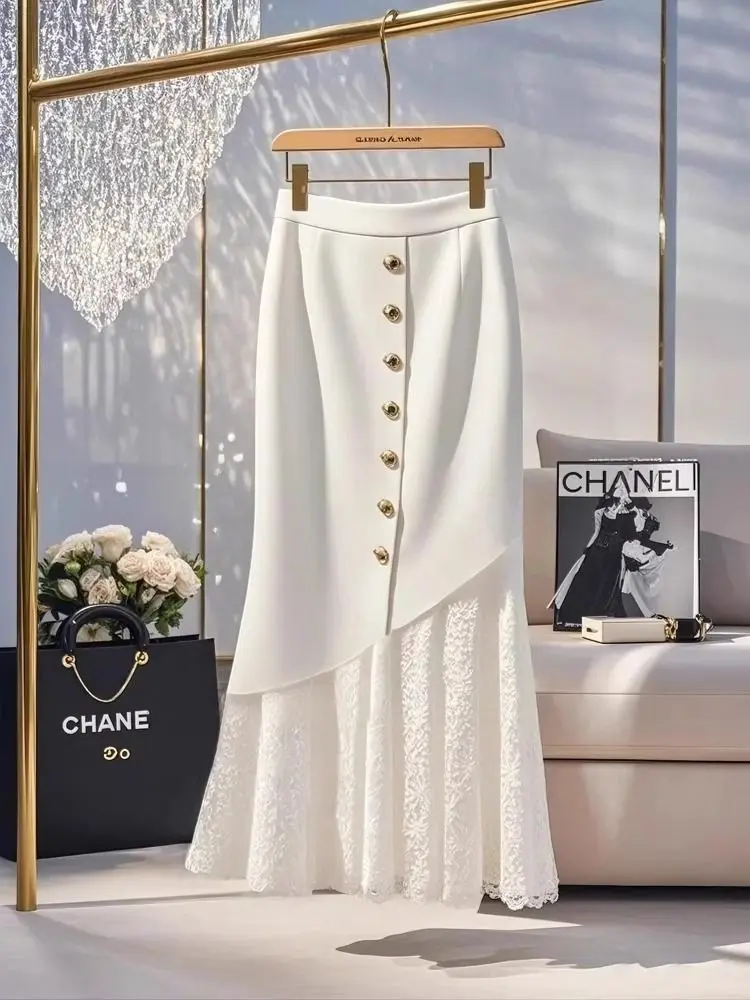 ฤดูใบไม้ผลิใหม่ลูกไม้ Patchwork กระโปรงผู้หญิงแฟชั่นเอวสูงเดี่ยว A-Line ห่อสะโพก Elegant กระโปรง Party Jupe เสื้อผ้า