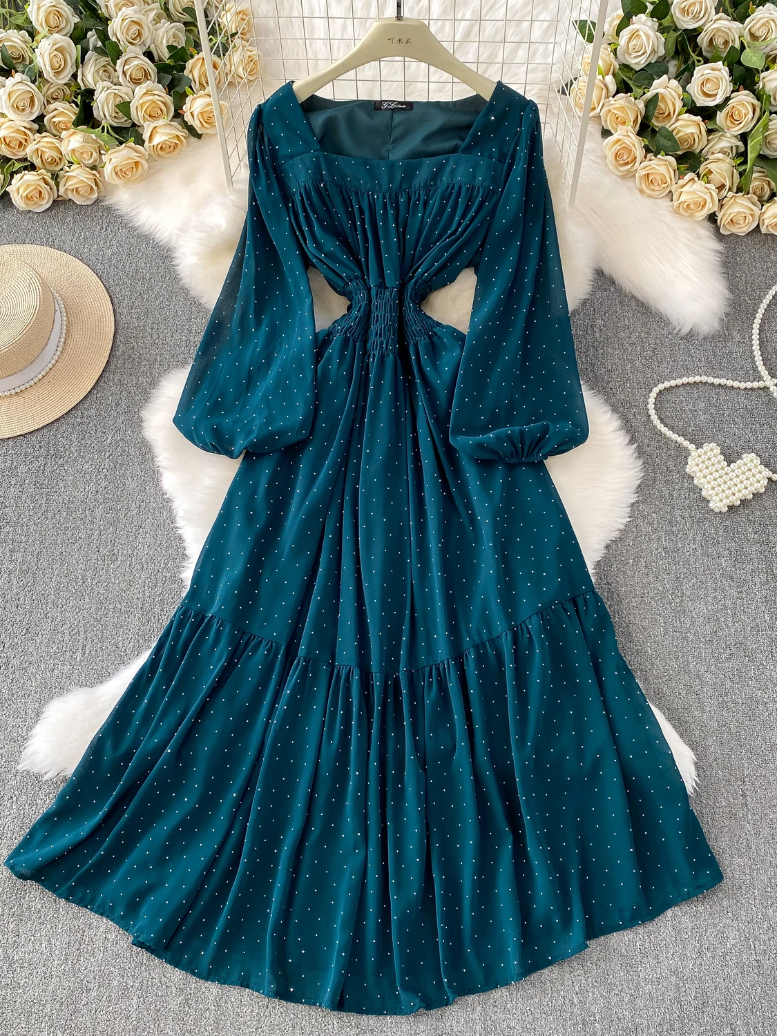 Ele High-End Sparkling Evening Dr Square Ne Long Skirt Women's Summer Elastic Pleated Waist Contraction Dr