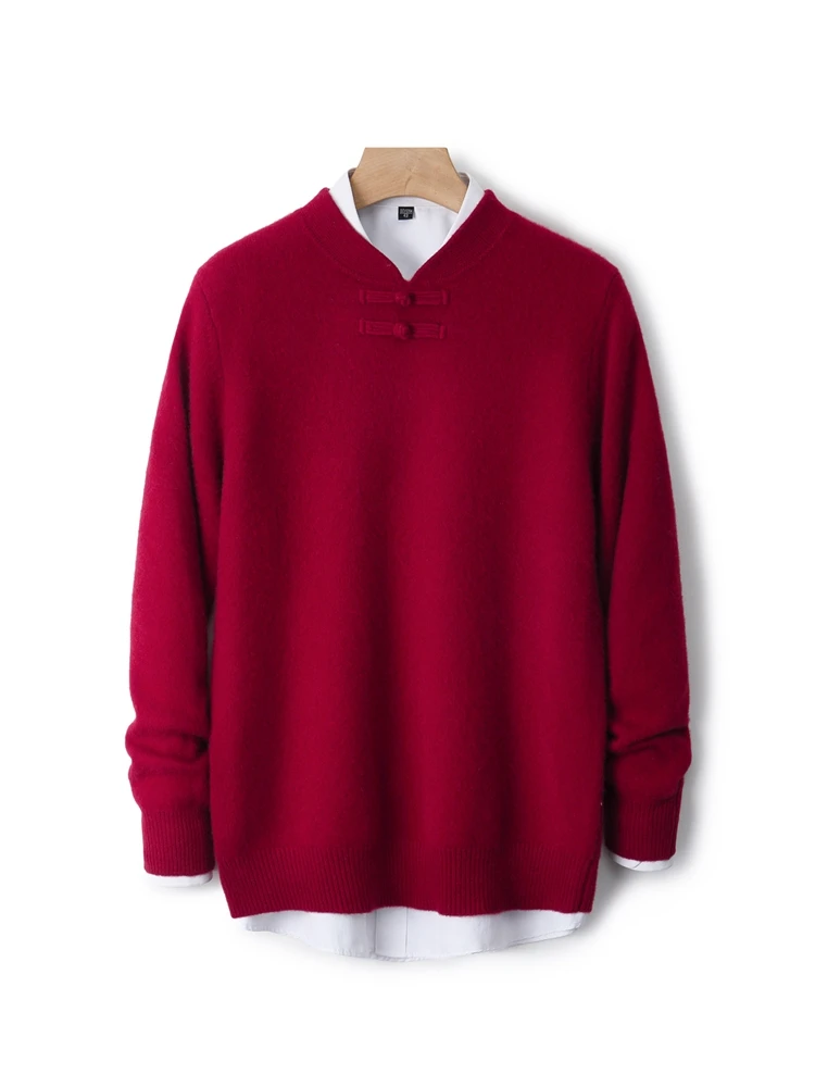 TLOML メンズ 100% メリノウールニットウェア レトロモックネックボタンウールプルオーバーセーター ソフトで暖かいカシミアセーター 中国風トップ