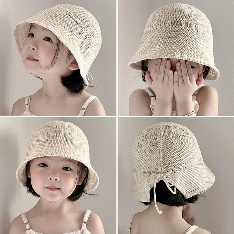 

Korean Girls Bucket Cap Adjustable Bow Straw Panama Sun Hat for Baby Outdoor Sunshade Kids Fisherman Hats