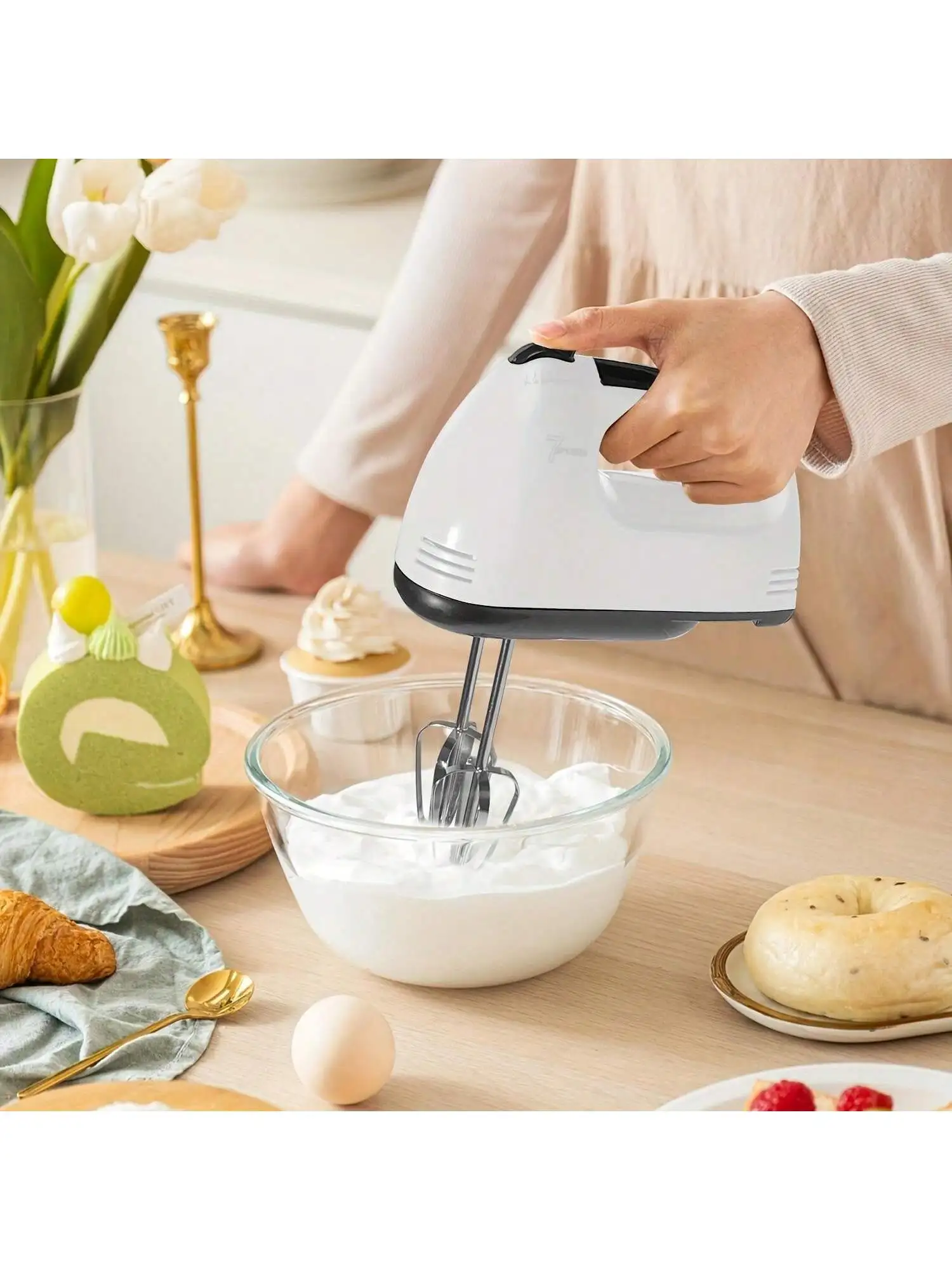 

7-Speed Electric Hand Mixer - Powerful Motor with Dough Hooks & Whisks, Auto Shut-Off Baking/Baby Food, Compact & Easy Clean - I