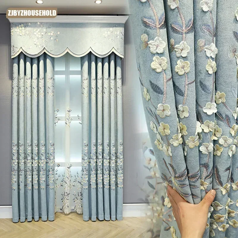 European-style Chenille Curtains for Living Room Dining Room Bedroom Embossed Curtains Fresh Gray and Blue Valance Customize